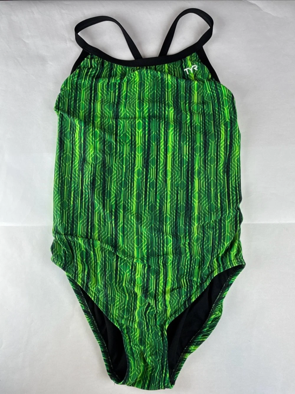 TYR Swimsuit Girls 14 16 Green Black One Piece Competition Training Swim XL XXL